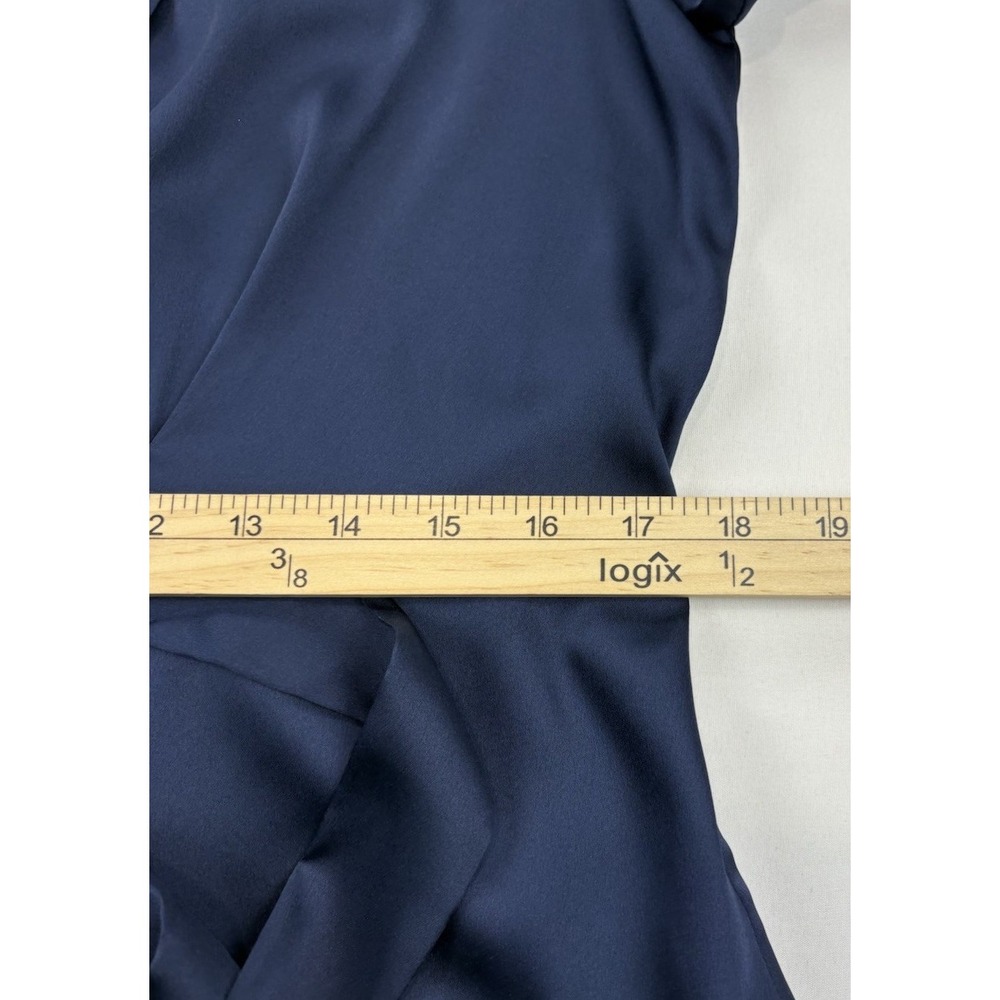 NWT White House Black Market Blue Satin Wrap Blouse Tie Waist Puff Sleeve Sz 14 - Picture 13 of 16